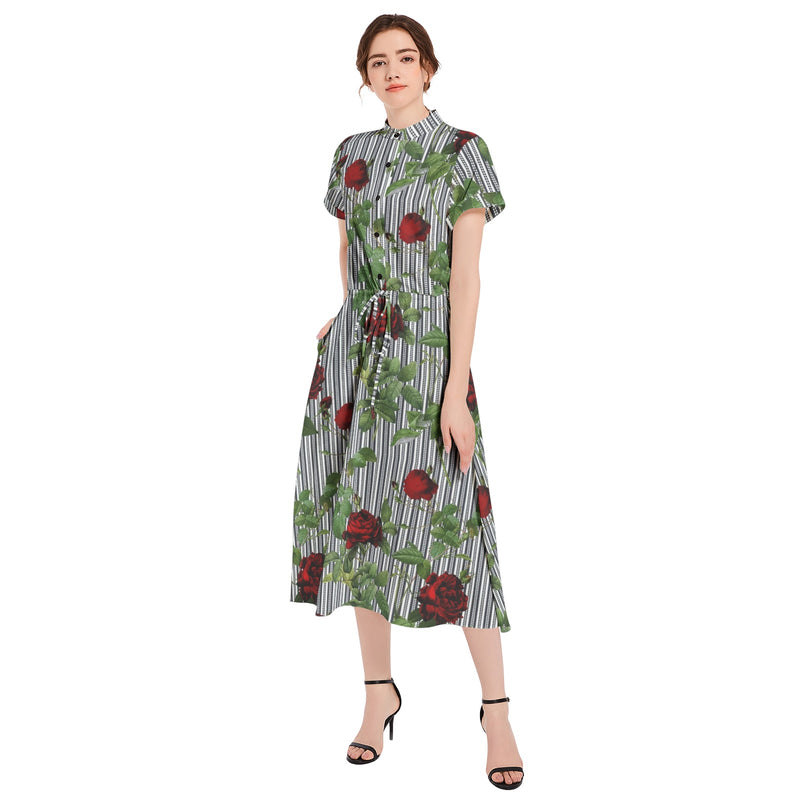 Rose Print Drawstring Waist A-line Flared Midi Dress - Objet D'Art