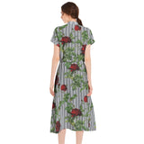 Rose Print Drawstring Waist A-line Flared Midi Dress - Objet D'Art