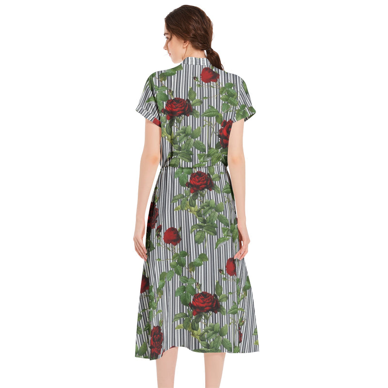 Rose Print Drawstring Waist A-line Flared Midi Dress - Objet D'Art