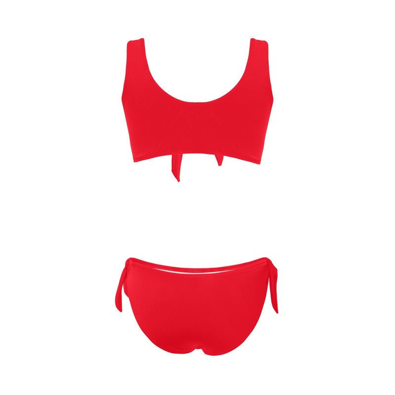 scarlet flame print 2 Bow Tie Front Bikini Swimsuit (Model S38) - Objet D'Art