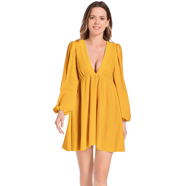 Saffron Lantern Sleeve Deep V-Neck Short Dress - Objet D'Art