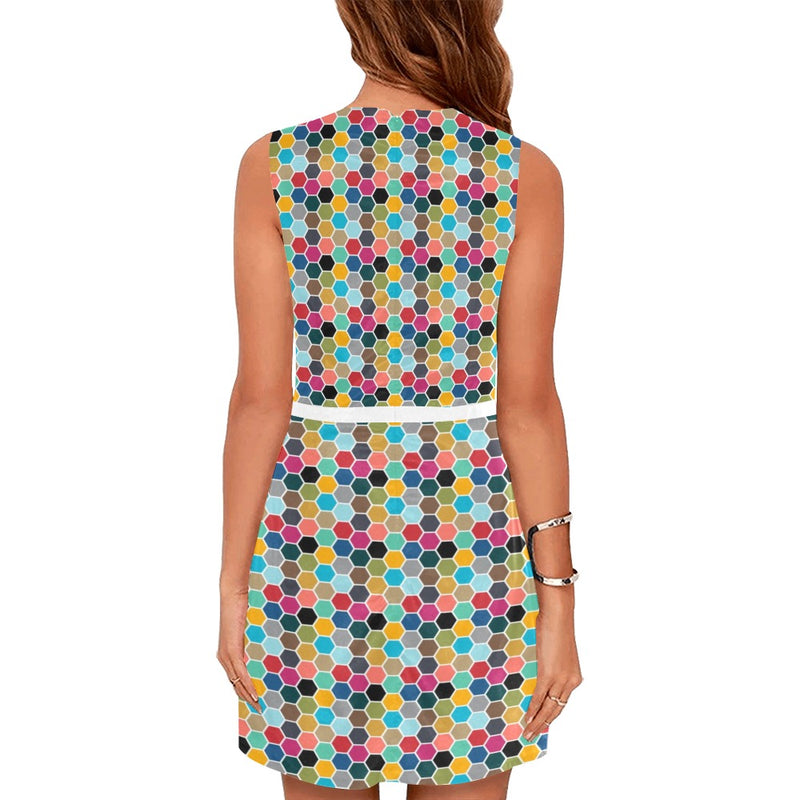 colorful hex swimwear print Eos Women's Sleeveless Dress (Model D01) - Objet D'Art