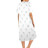 blue and white solid half Women's Button Front House Dress - Objet D'Art