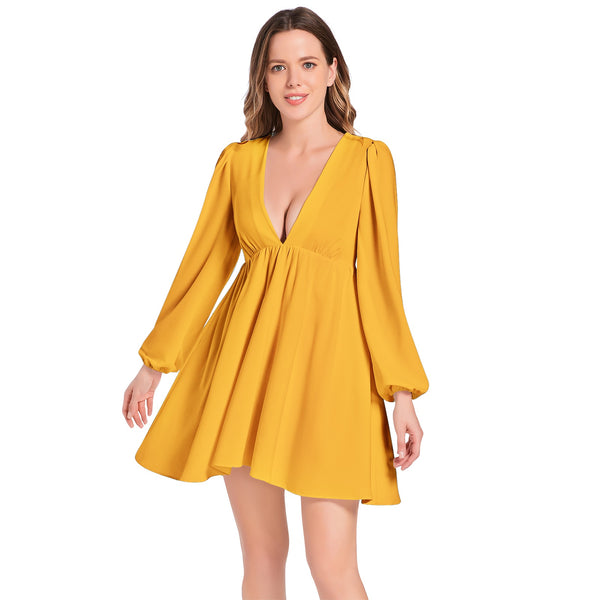 Saffron Lantern Sleeve Deep V-Neck Short Dress - Objet D'Art