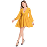 Saffron Lantern Sleeve Deep V-Neck Short Dress - Objet D'Art