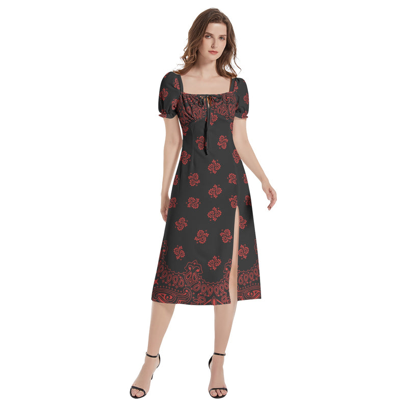 Bandana Art Puff Sleeve Split Thigh Midi Dress - Objet D'Art