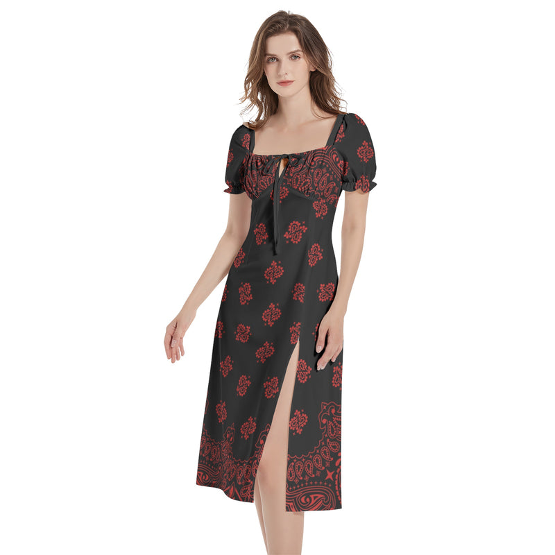 Bandana Art Puff Sleeve Split Thigh Midi Dress - Objet D'Art