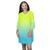 neon blue hex ombre print 4 Half Sleeves V-Neck Mini Dress (Model D63) - Objet D'Art