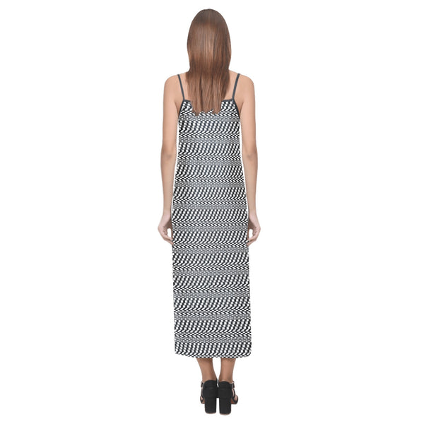 striped geo print 5C V-Neck Open Fork Long Dress(Model D18) - Objet D'Art