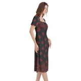 Bandana Art Puff Sleeve Split Thigh Midi Dress - Objet D'Art