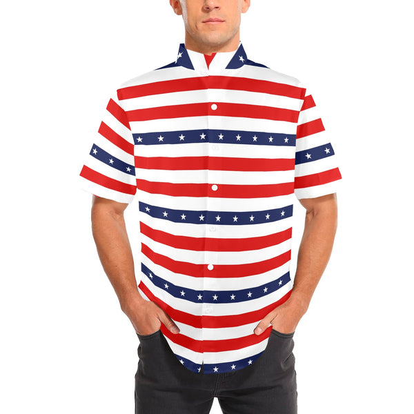 stars and stripes red white blue print 2 Men's Stand-Up Collar Short Sleeve Shirt - Objet D'Art