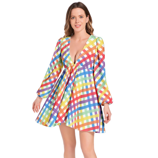 Spectral Criss-Cross Lantern Sleeve Deep V-Neck Short Dress - Objet D'Art