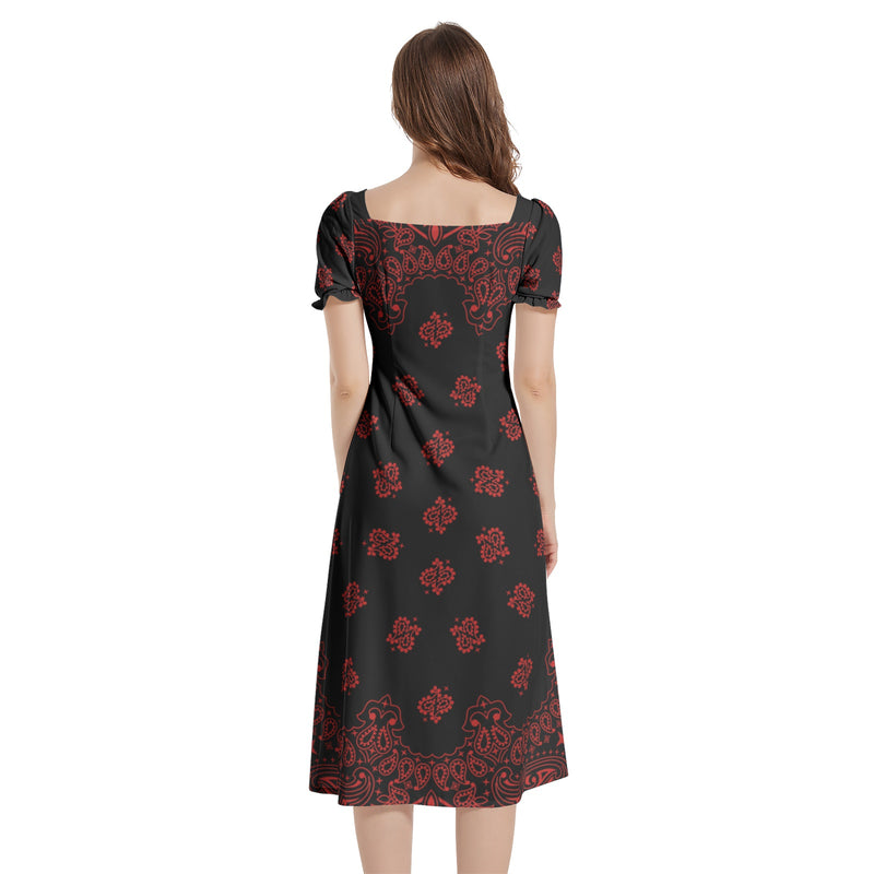 Bandana Art Puff Sleeve Split Thigh Midi Dress - Objet D'Art