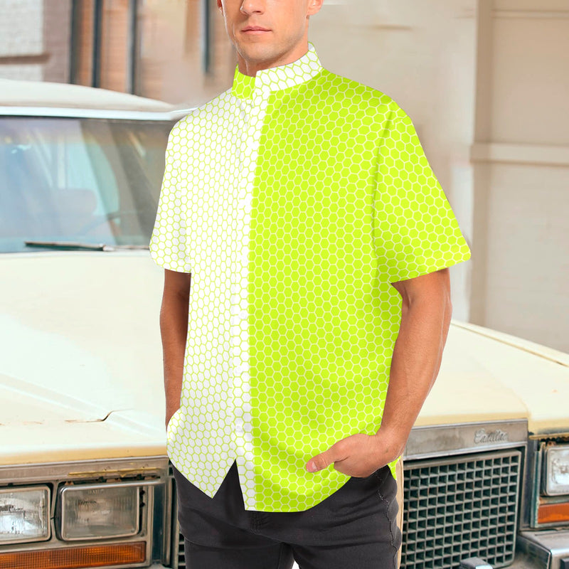 neon green hex print 5 Men's Stand-Up Collar Short Sleeve Shirt - Objet D'Art