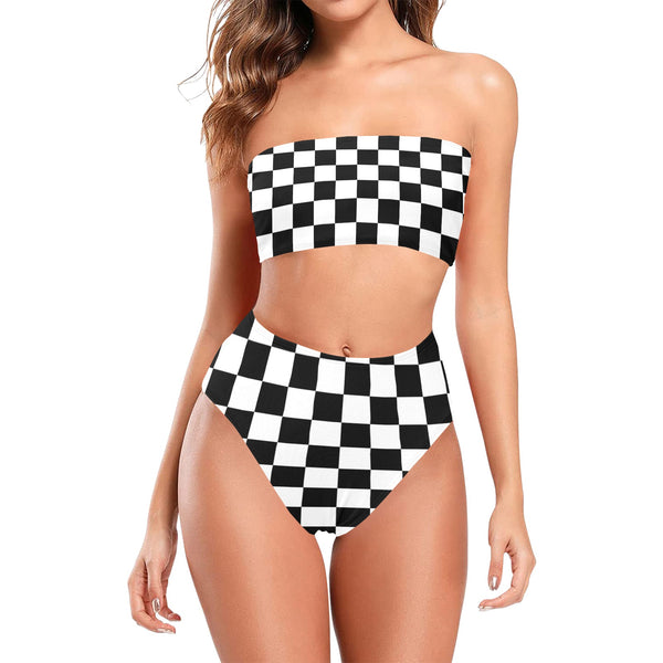 bw check print 2 Chest Wrap Bikini Swimsuit (Model S36) - Objet D'Art