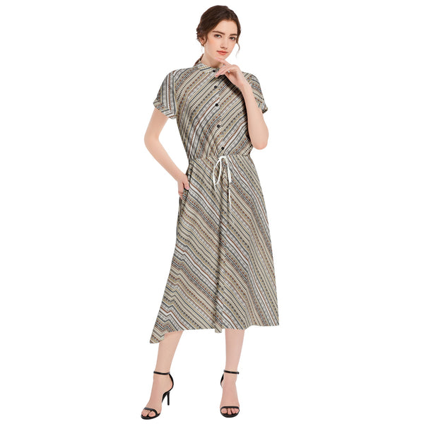 Drawstring Waist A-line Flared Midi Dress - Objet D'Art