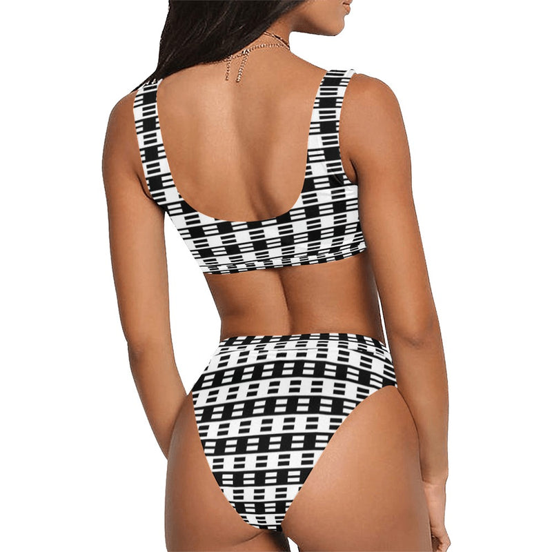 bw dash print Sport Top & High-Waisted Bikini Swimsuit (Model S07) - Objet D'Art