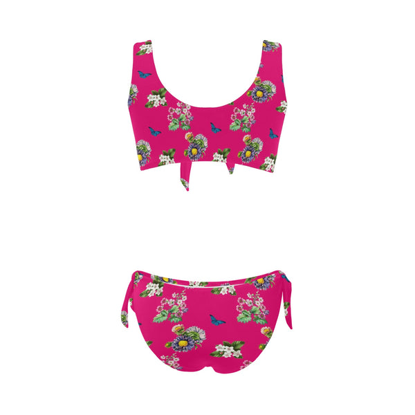 pink floral butterfly print Bow Tie Front Bikini Swimsuit (Model S38) - Objet D'Art