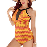 mandala striped red yellow orange Women's High Neck Plunge Mesh Ruched Swimsuit (S43) - Objet D'Art