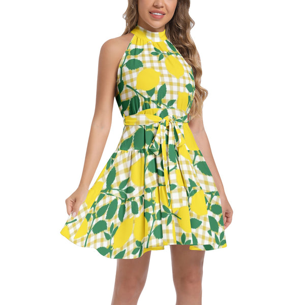 Citrus Chic Ruffle Hem Belted Halter Dress - Objet D'Art