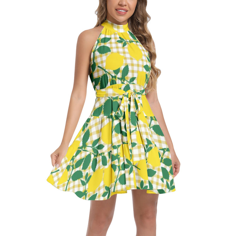 Citrus Chic Ruffle Hem Belted Halter Dress - Objet D'Art
