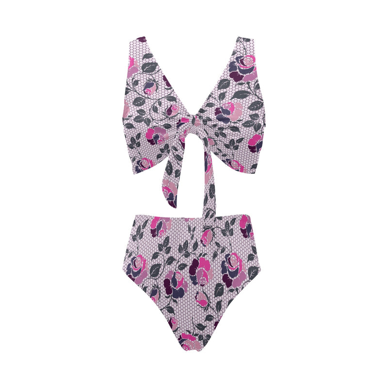 ROSE MULTICOLORED GRAY PINK PRINT 5 Chest Bowknot Bikini Swimsuit (Model S33) - Objet D'Art