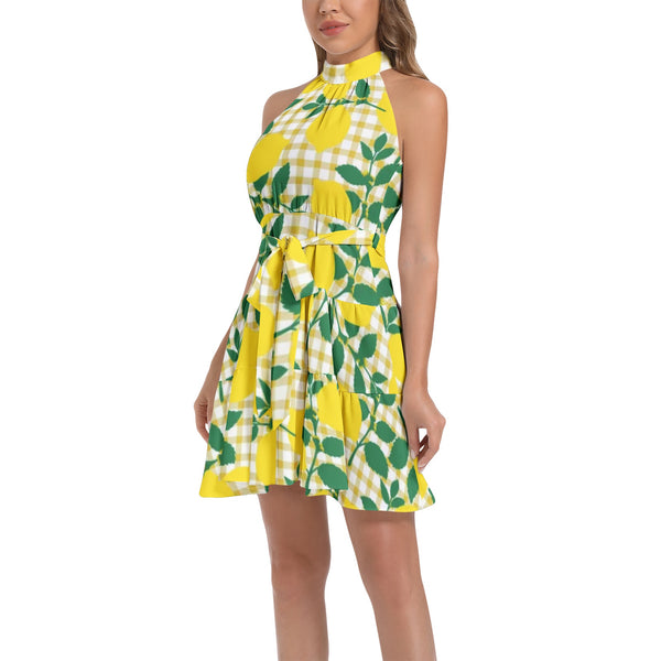 Citrus Chic Ruffle Hem Belted Halter Dress - Objet D'Art