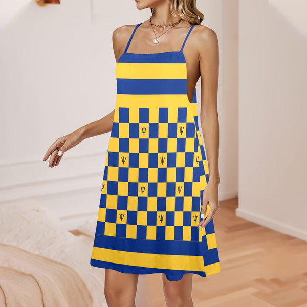 barbados blue Drawstring Neck Sleeveless Dress (Model D68) - Objet D'Art