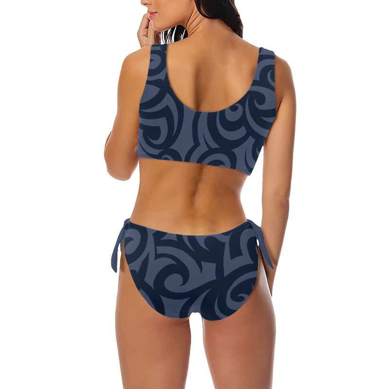 scroll blue print Bow Tie Front Bikini Swimsuit (Model S38) - Objet D'Art