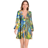 Van Gogh Art Collage Lantern Sleeve Deep V-Neck Short Dress - Objet D'Art