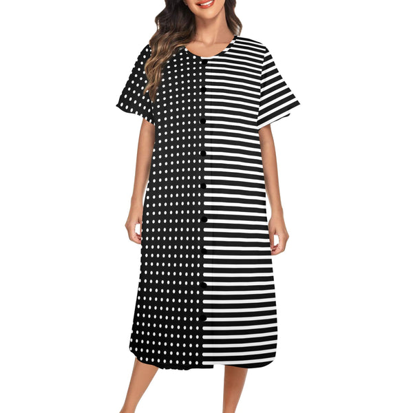 dot to dot bw print 10A Women's Button Front House Dress - Objet D'Art