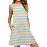greek key light colors print 2 Sleeveless A-Line Pocket Dress (Model D57) - Objet D'Art