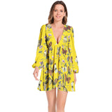 Butterfly Print Lantern Sleeve Deep V-Neck Short Dress - Objet D'Art