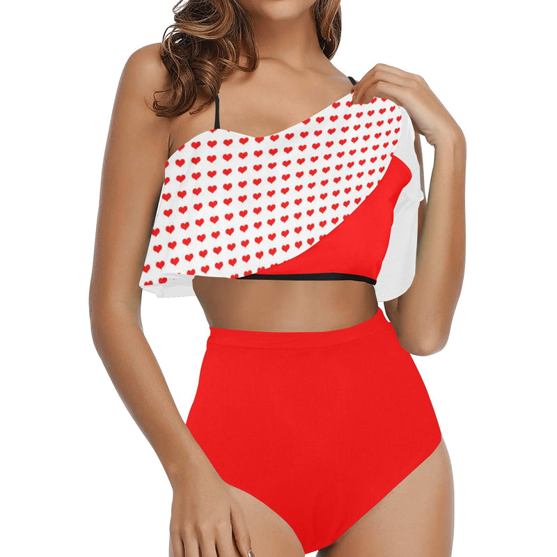 pure red print High Waisted Ruffle Bikini Set (Model S13) - Objet D'Art