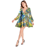 Van Gogh Art Collage Lantern Sleeve Deep V-Neck Short Dress - Objet D'Art