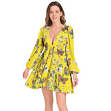 Butterfly Print Lantern Sleeve Deep V-Neck Short Dress - Objet D'Art