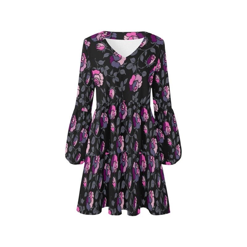 multicolored rose on dark green print V-Neck Loose Fit Dress (Model D62) - Objet D'Art