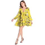 Butterfly Print Lantern Sleeve Deep V-Neck Short Dress - Objet D'Art