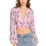 Floral Pink Women's Deep V-Neck Lantern Sleeve Crop Top - Objet D'Art