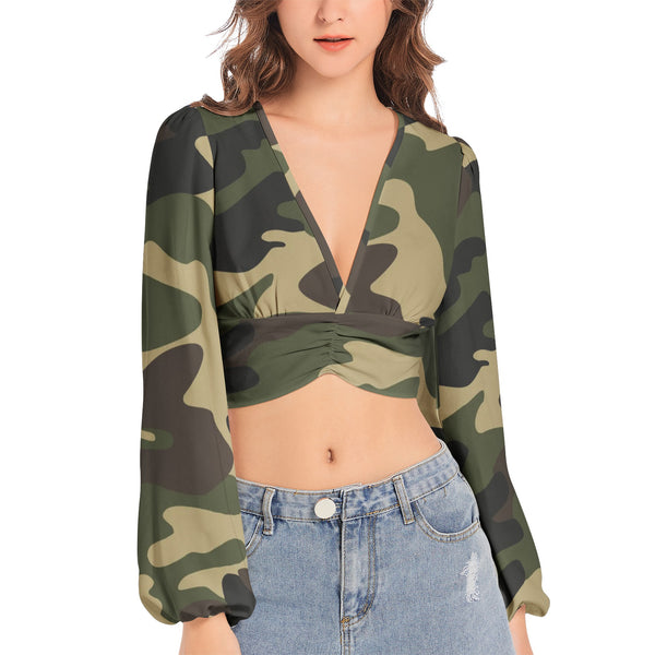 Woodland Camo Women's Deep V-Neck Lantern Sleeve Crop Top - Objet D'Art