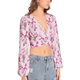 Floral Pink Women's Deep V-Neck Lantern Sleeve Crop Top - Objet D'Art