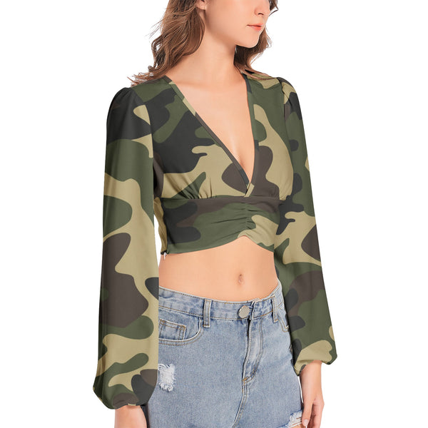 Woodland Camo Women's Deep V-Neck Lantern Sleeve Crop Top - Objet D'Art