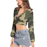 Woodland Camo Women's Deep V-Neck Lantern Sleeve Crop Top - Objet D'Art