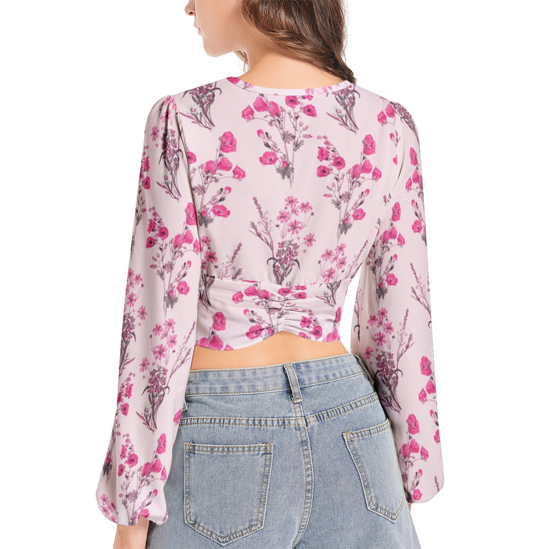 Floral Pink Women's Deep V-Neck Lantern Sleeve Crop Top - Objet D'Art