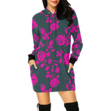 pink rose green greek key print 2 All Over Print Hoodie Mini Dress (Model H27) - Objet D'Art