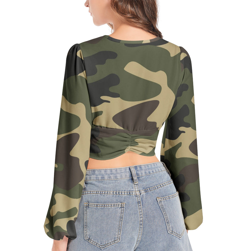 Woodland Camo Women's Deep V-Neck Lantern Sleeve Crop Top - Objet D'Art