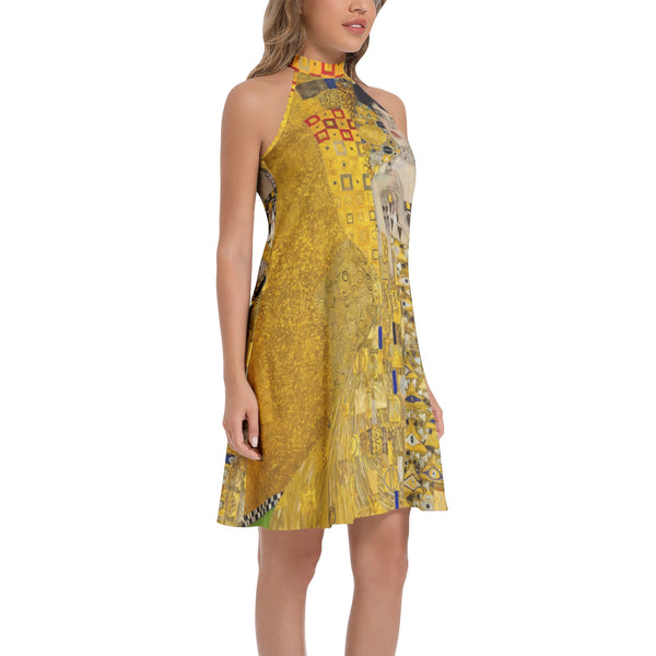 The Kiss by Gustav Klimt Tie Back Halter Neck Flared Dress - Objet D'Art