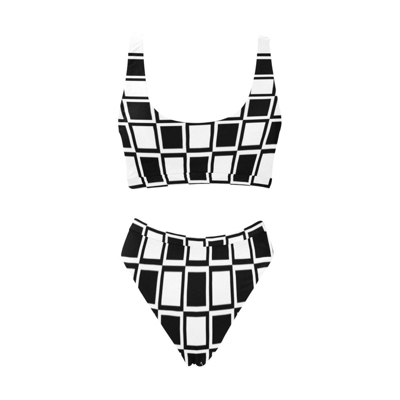 Square Print Sport Top & High-Waisted Bikini Swimsuit - Objet D'Art