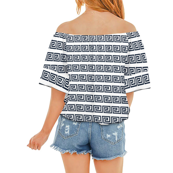 blue white greek key solid print Off Shoulder Knot Front Blouse (Model T71) - Objet D'Art