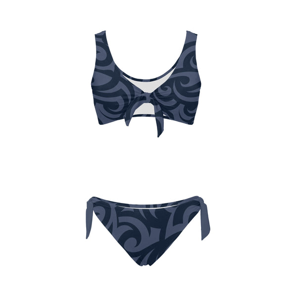 scroll blue print Bow Tie Front Bikini Swimsuit (Model S38) - Objet D'Art